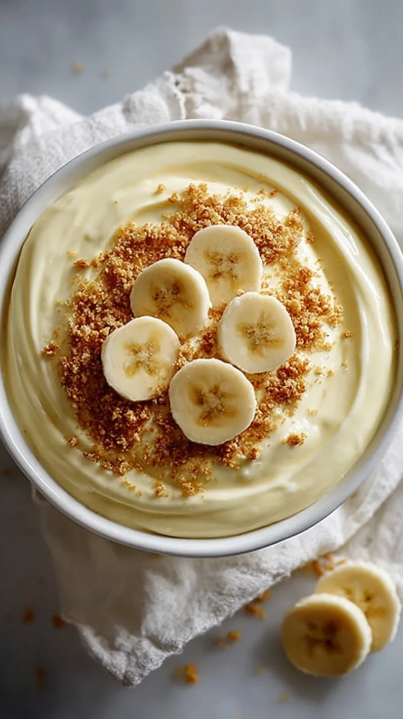 A bowl of smooth, blended banana pudding topped with fresh banana slices and a sprinkle of cinnamon.