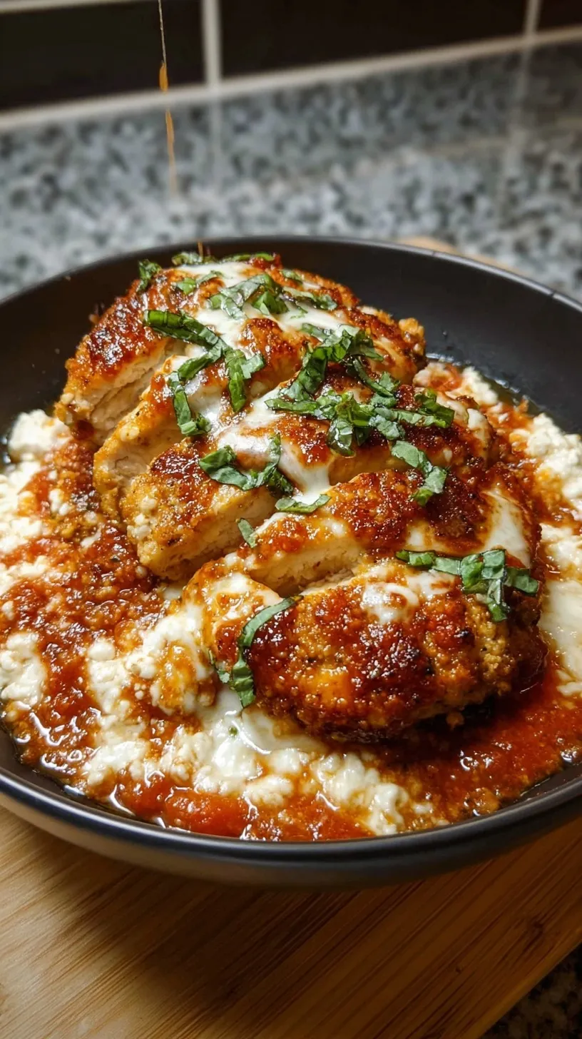 A creamy chicken parmesan bowl made with blended cottage cheese and melted mozzarella
