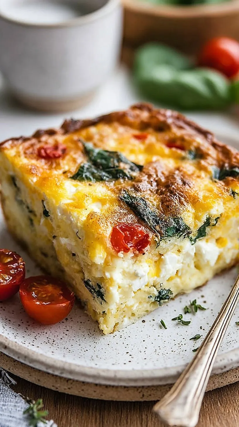 A golden brown cottage cheese egg bake sliced into squares in a white baking dish