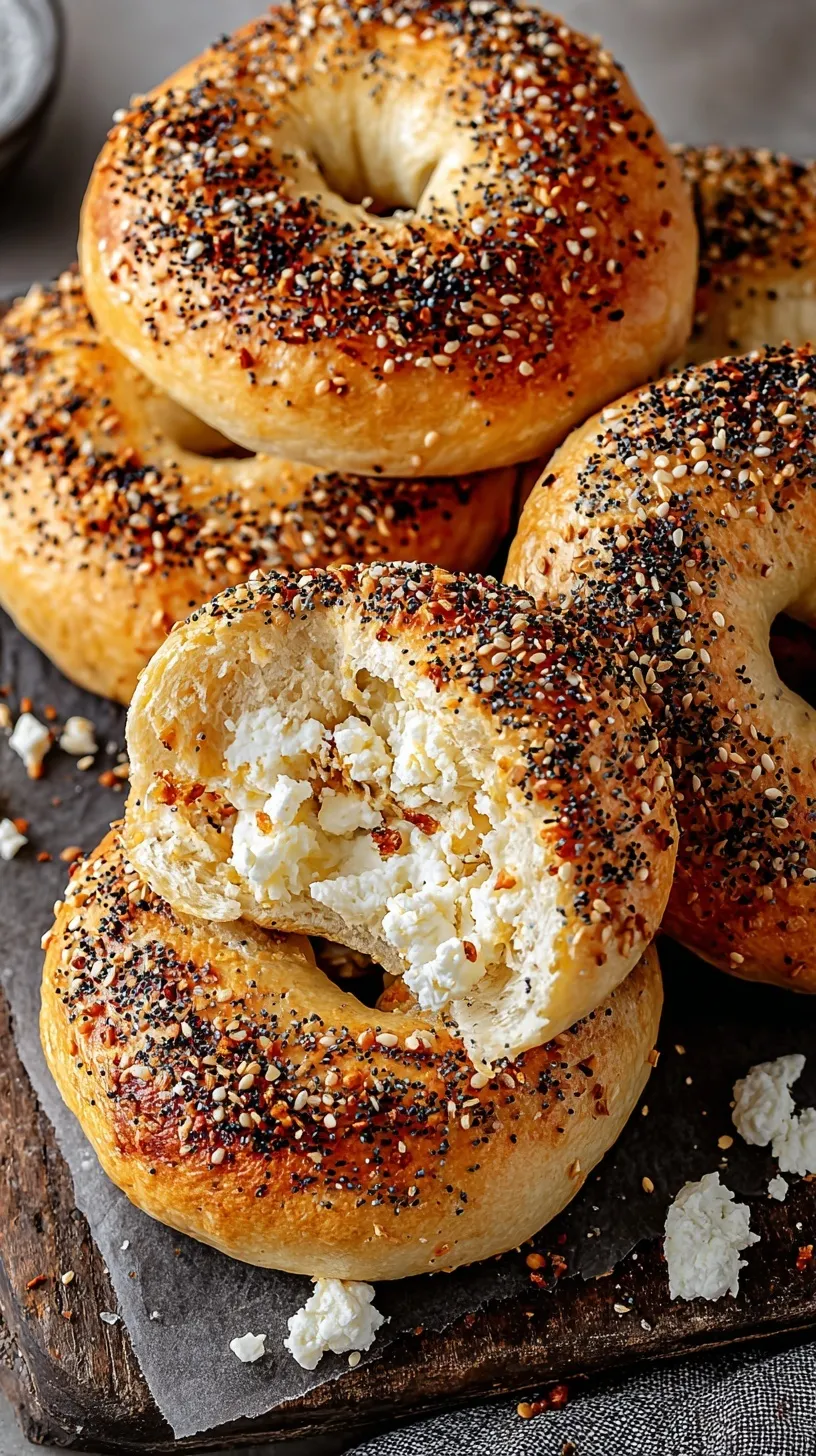 Four golden brown Cottage Cheese Protein Bagels topped with everything seasoning on a parchment-lined tray