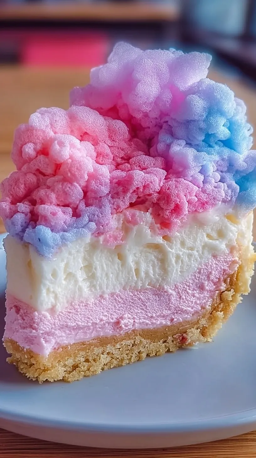 A slice of marbled pink and blue cotton candy cheesecake on a white plate with fluffy cotton candy on top.