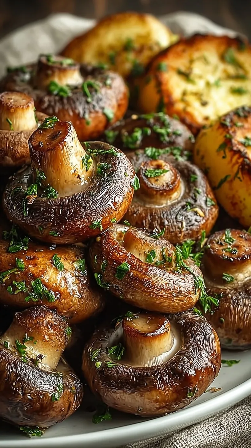 Sizzling halved cremini mushrooms glazed in garlic butter and fresh herbs in a cast iron skillet.