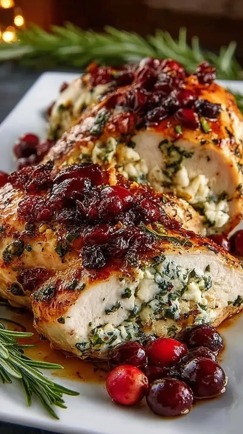 Golden pan-seared chicken breasts stuffed with melted brie and red cranberry sauce on a white platter.