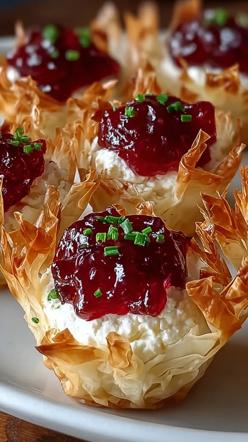 Festive phyllo cups filled with cream cheese and topped with red cranberry pepper jelly