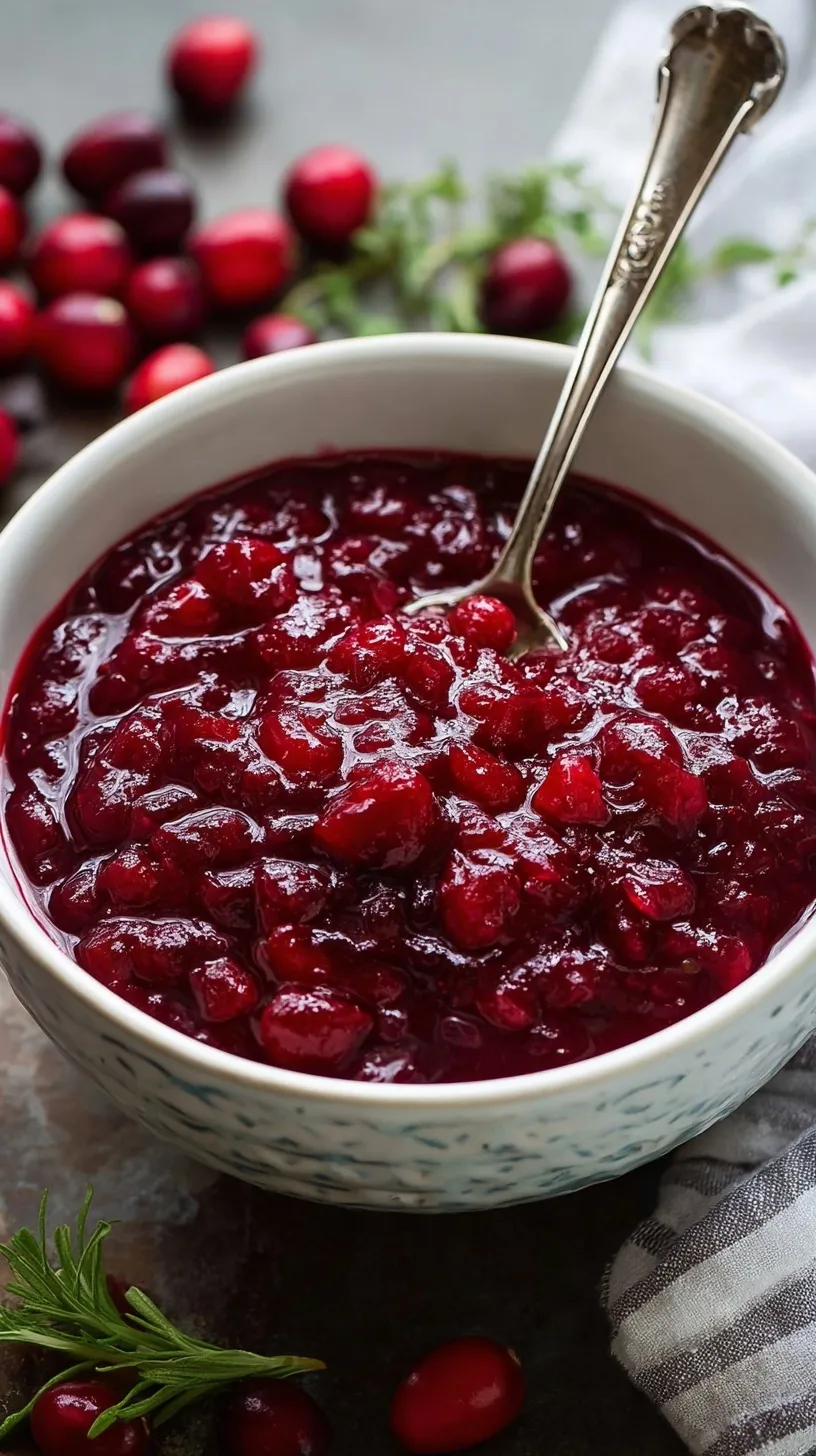 A bowl of vibrant red classic cranberry sauce with orange zest on a holiday table.