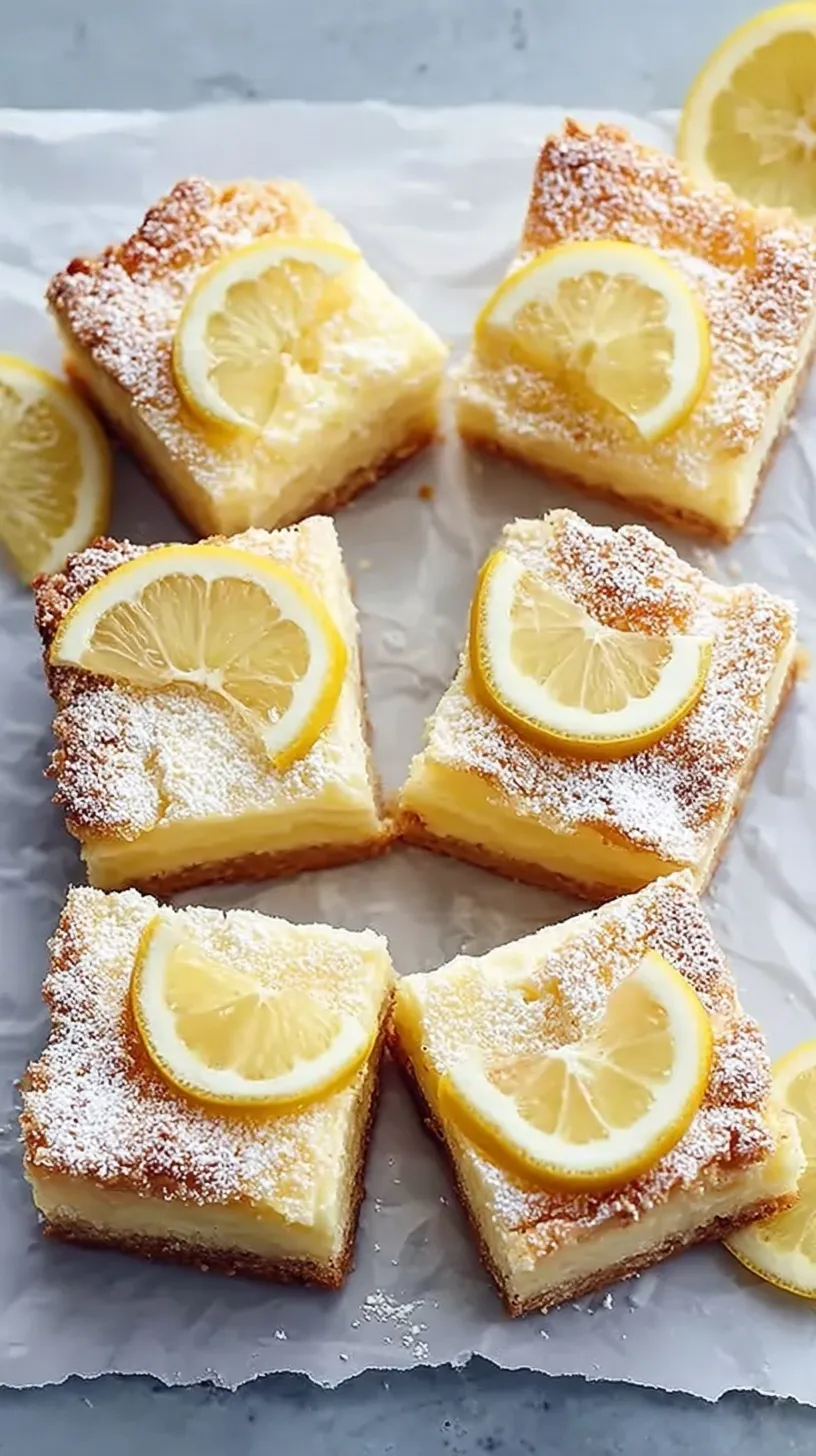 A close-up of sliced cream cheese lemon bars with a dusting of powdered sugar on a white plate.