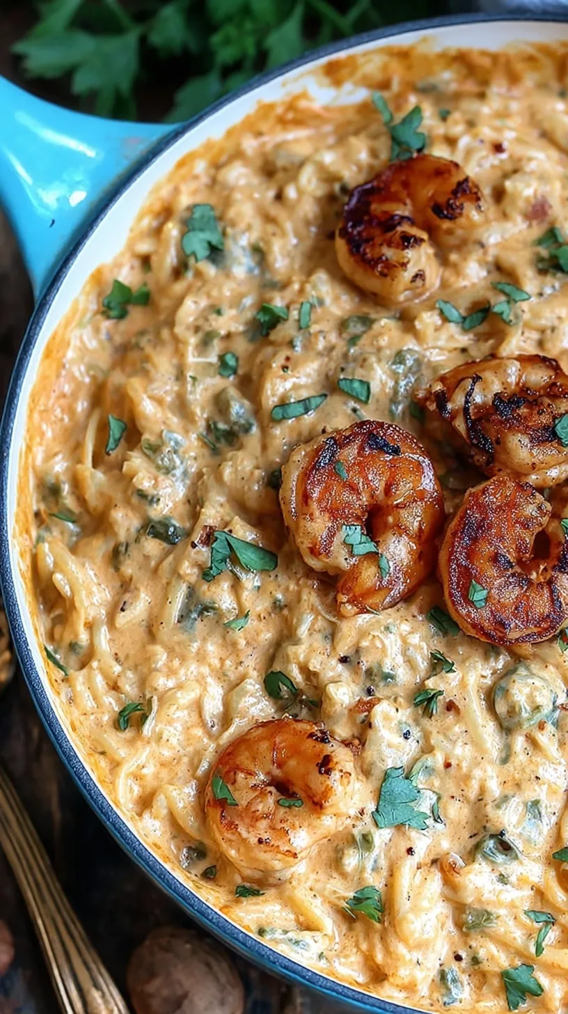 A white bowl filled with creamy linguine pasta and golden seared shrimp garnished with fresh parsley.