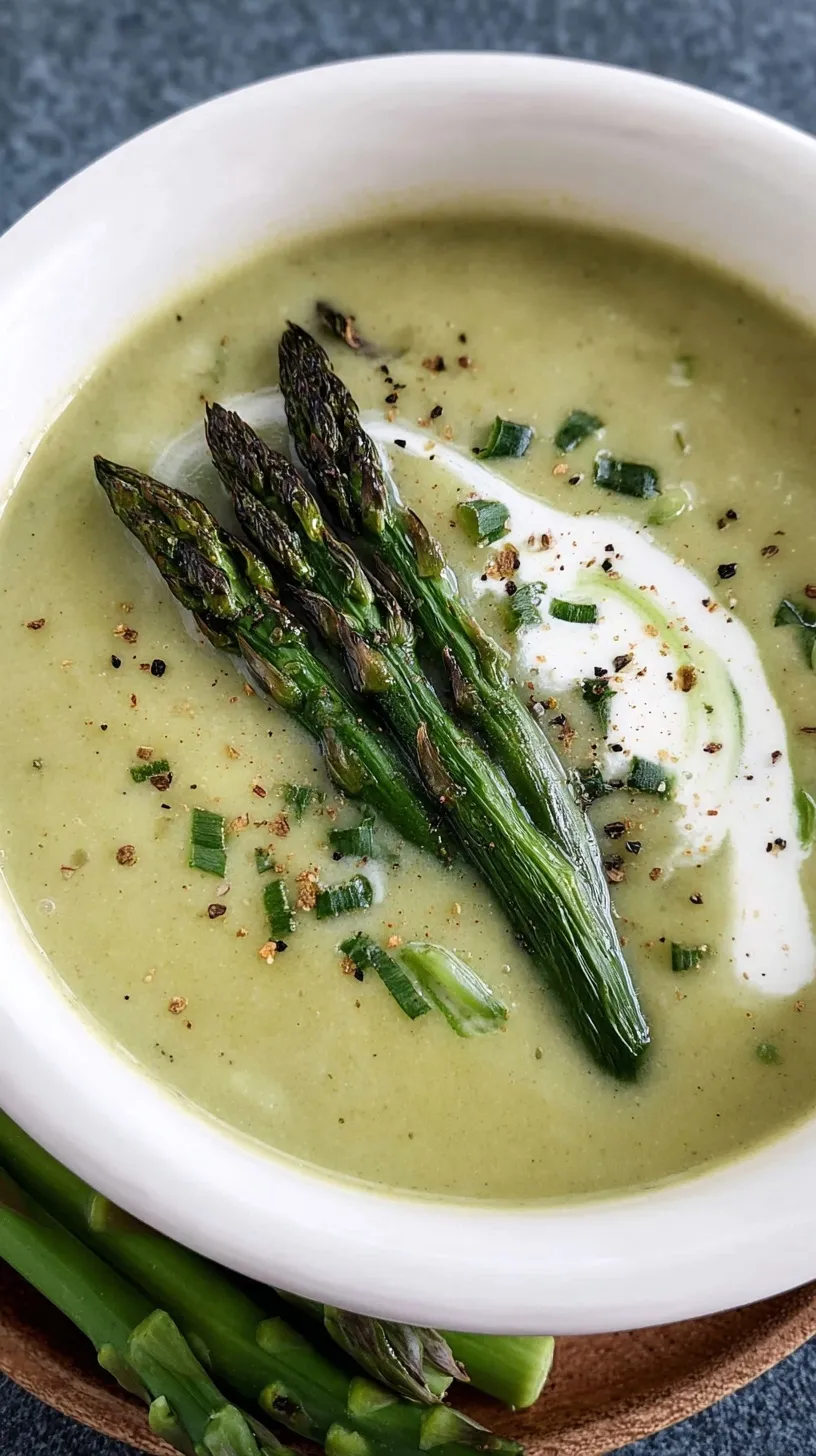 A bowl of vibrant green cream of asparagus soup topped with fresh asparagus tips.