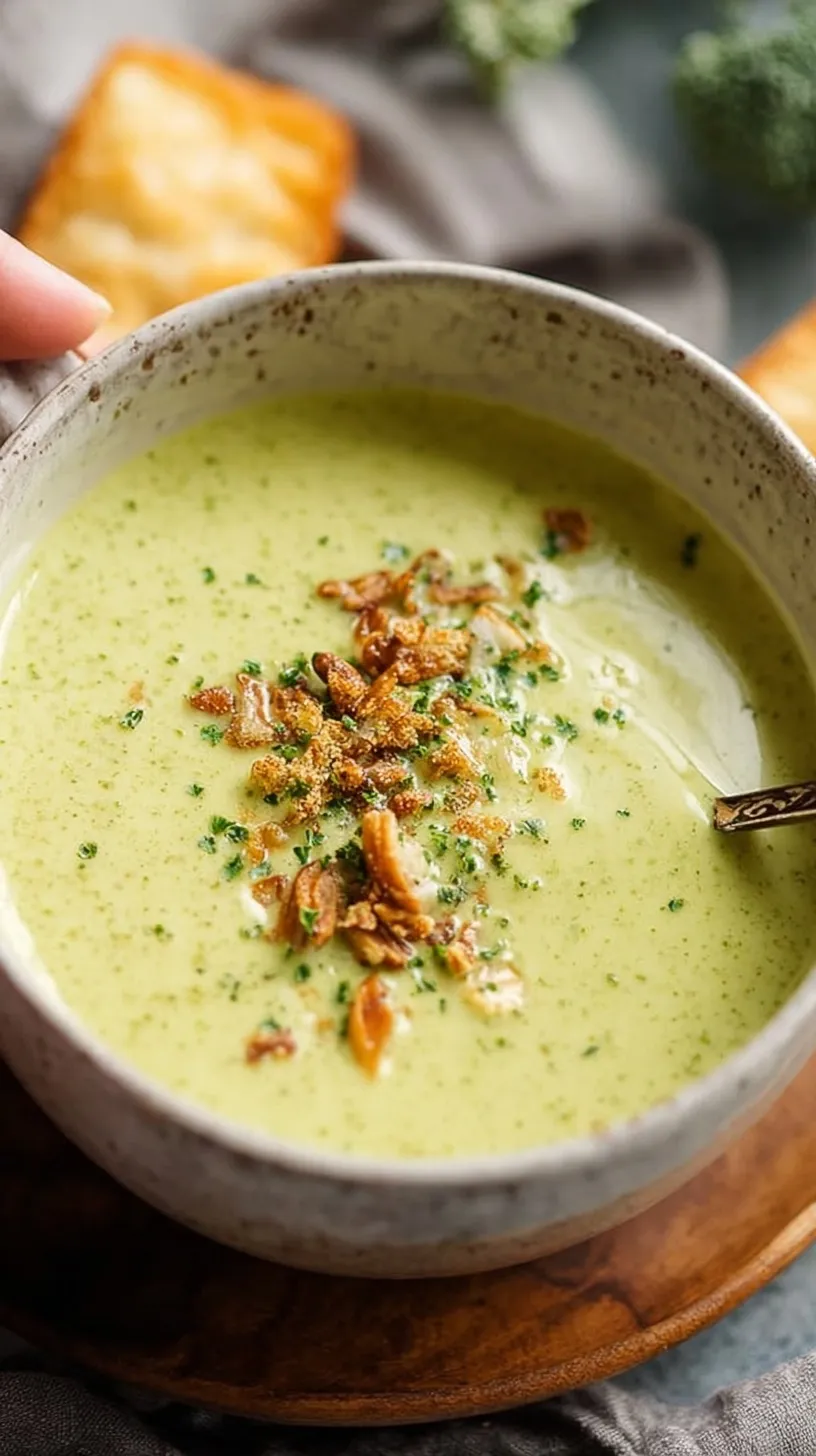 A bowl of creamy green broccoli soup topped with a swirl of cream and fresh pepper.