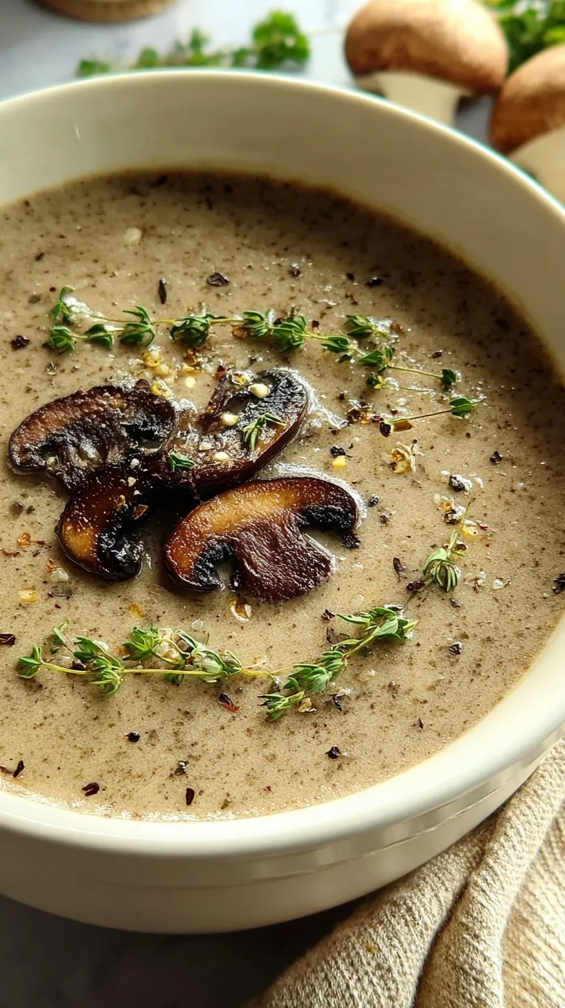 A steaming bowl of creamy wild mushroom soup garnished with fresh parsley and served with crusty bread.