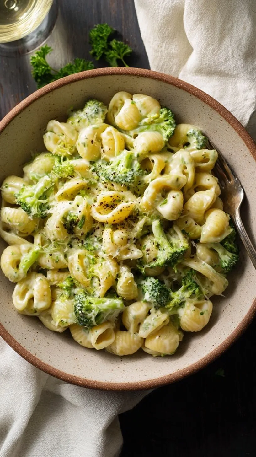 A pot of creamy fusilli pasta with bright green broccoli florets and parmesan cheese