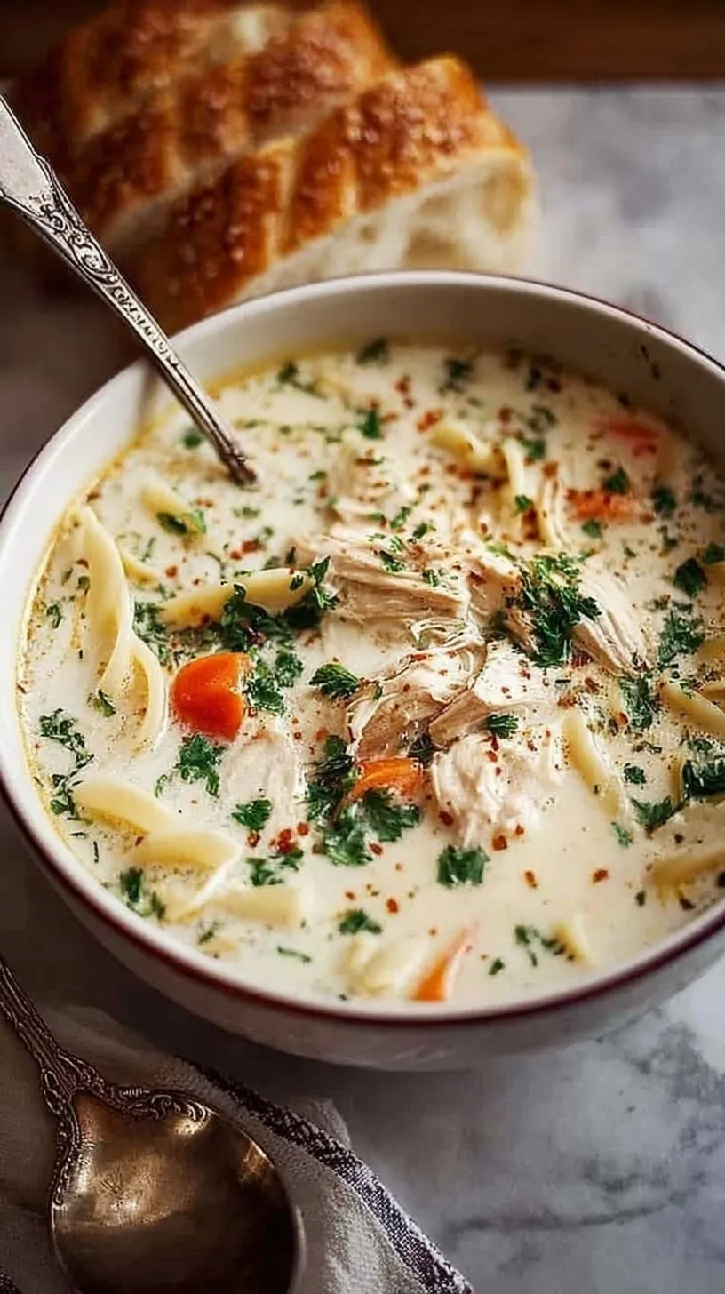 A bowl of creamy white soup with chicken, pasta, and spinach garnished with parmesan cheese.