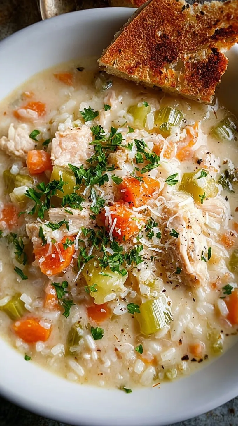 A bowl of creamy chicken and rice soup with fresh parsley and carrots