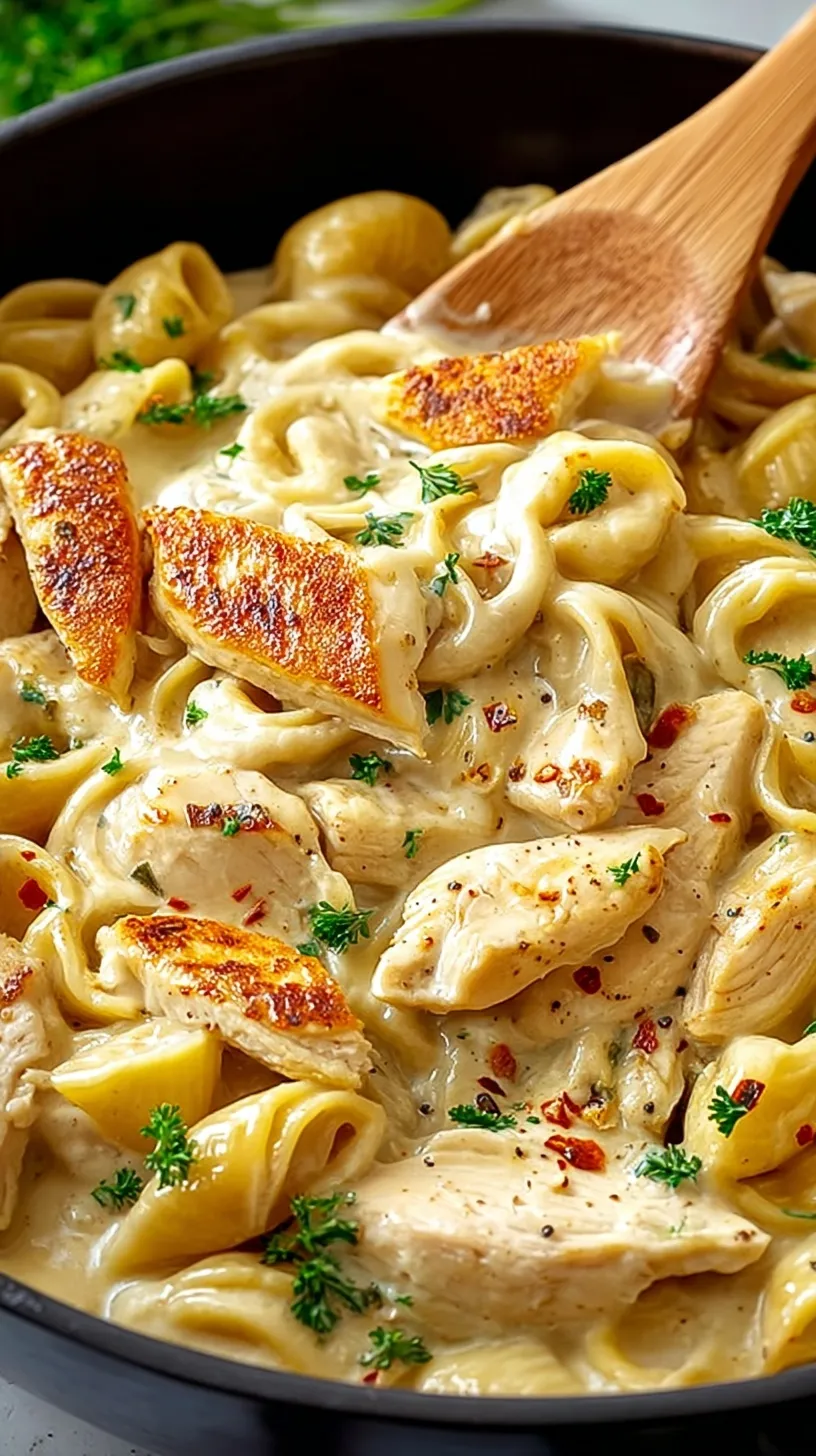 A warm bowl of creamy chicken pasta with golden chicken strips and fresh parsley garnish.