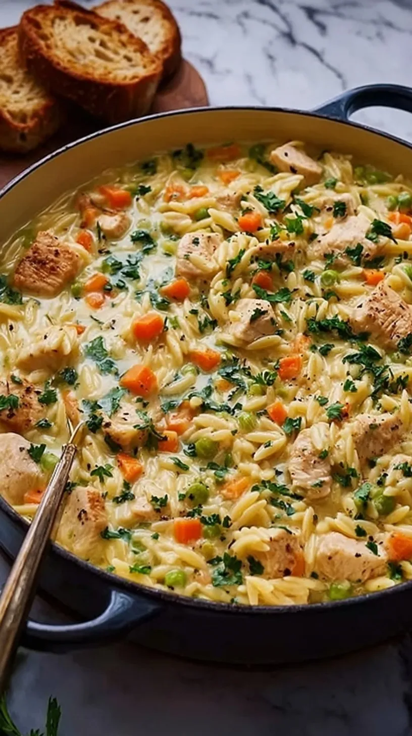 A white bowl filled with creamy chicken pot pie orzo, peas, and carrots.