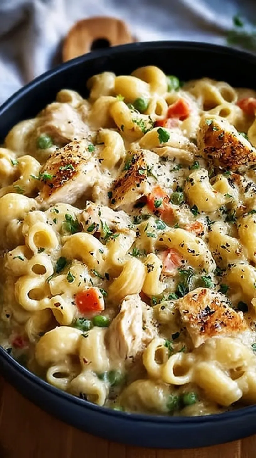 A bowl of creamy chicken pot pie pasta with rotini, peas, and carrots in a rich white sauce