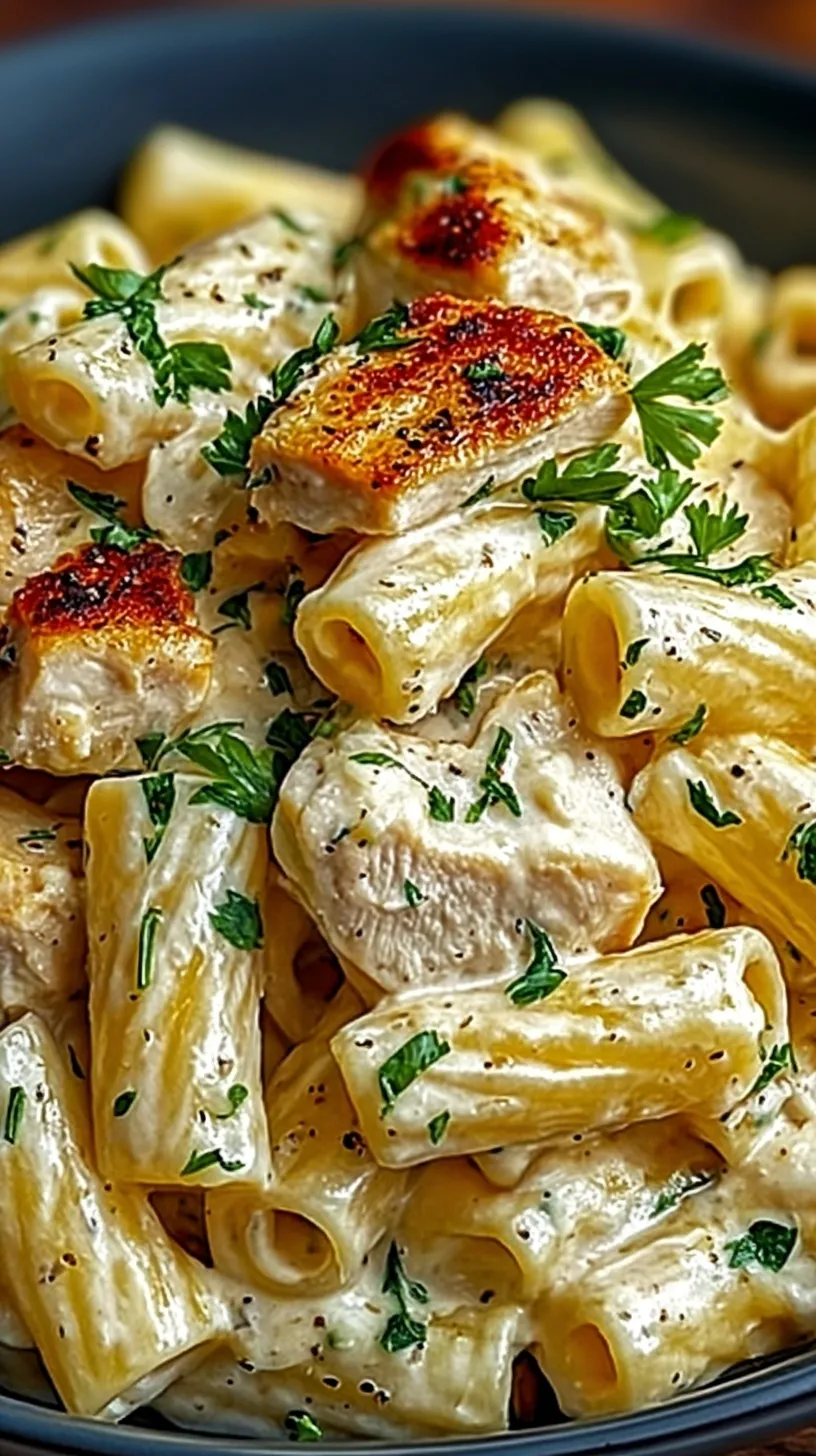 A close-up shot of creamy rigatoni pasta with seared chicken and fresh spinach in a ricotta sauce.
