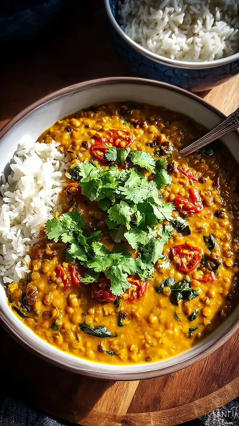 A bowl of golden creamy coconut lentil curry garnished with fresh cilantro and lime.