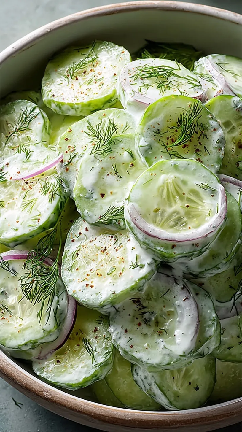 A bowl of chilled creamy cucumber salad with fresh dill and red onions