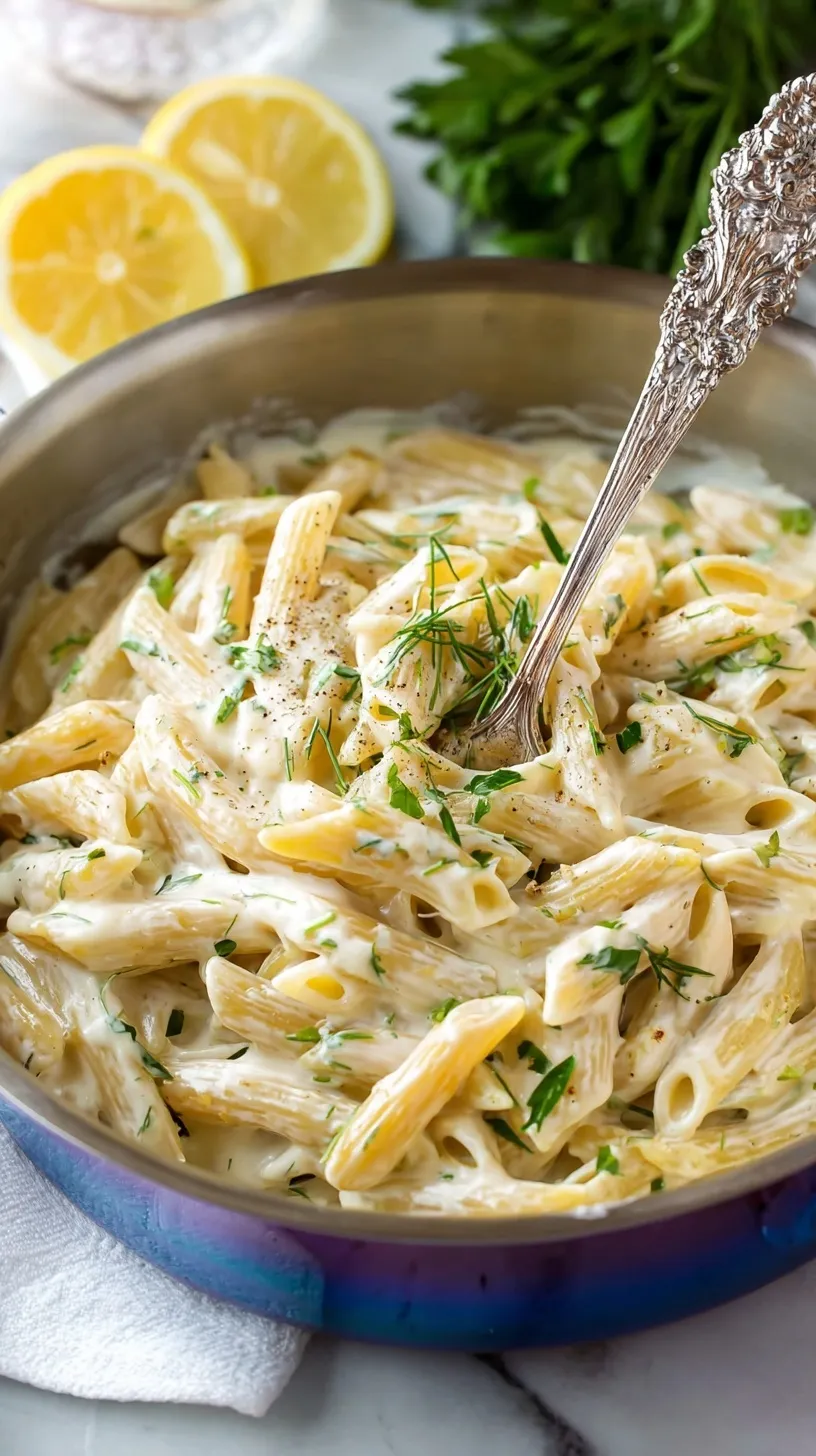 A bowl of creamy fettuccine pasta garnished with fresh green herbs and parmesan cheese