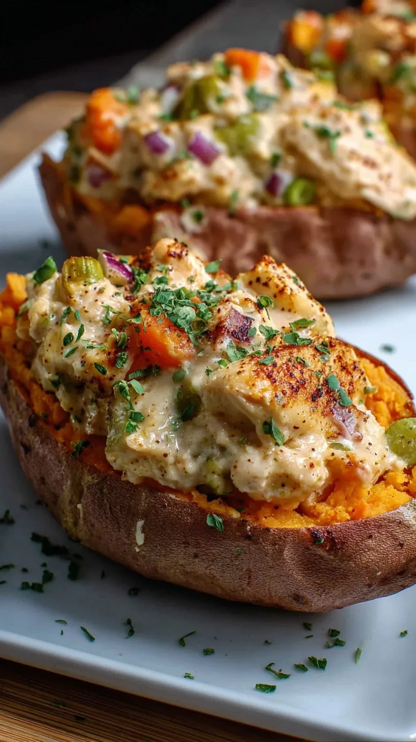 Baked sweet potatoes overflowing with creamy chicken and vegetable pot pie filling.