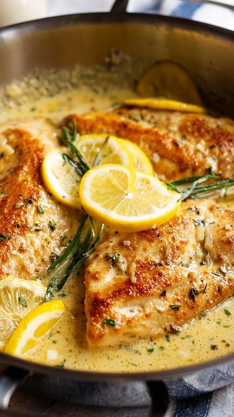 Golden pan-seared chicken breasts smothered in a white creamy lemon sauce with fresh parsley