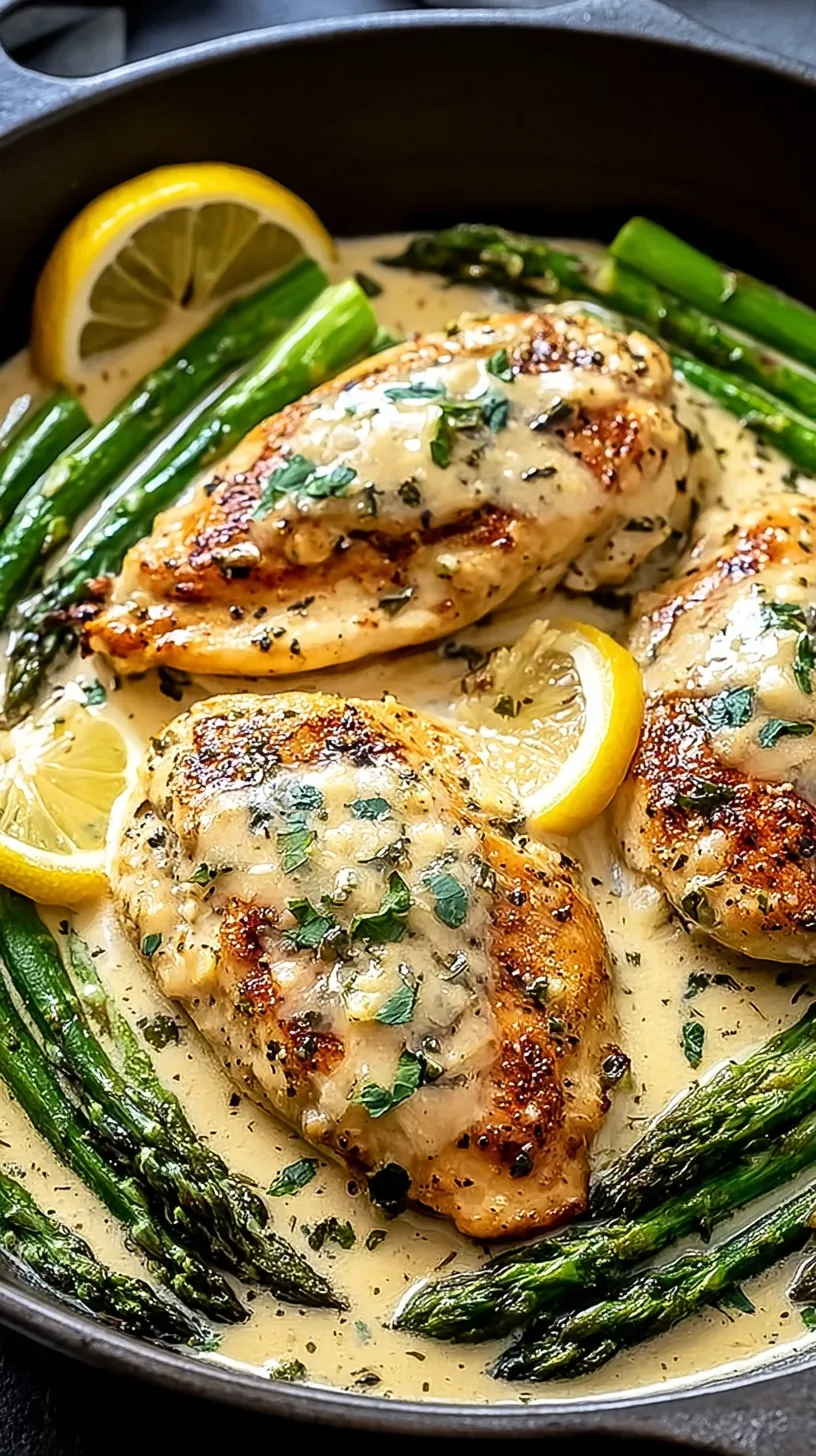 Pan-seared chicken breasts in a creamy lemon garlic sauce with fresh asparagus