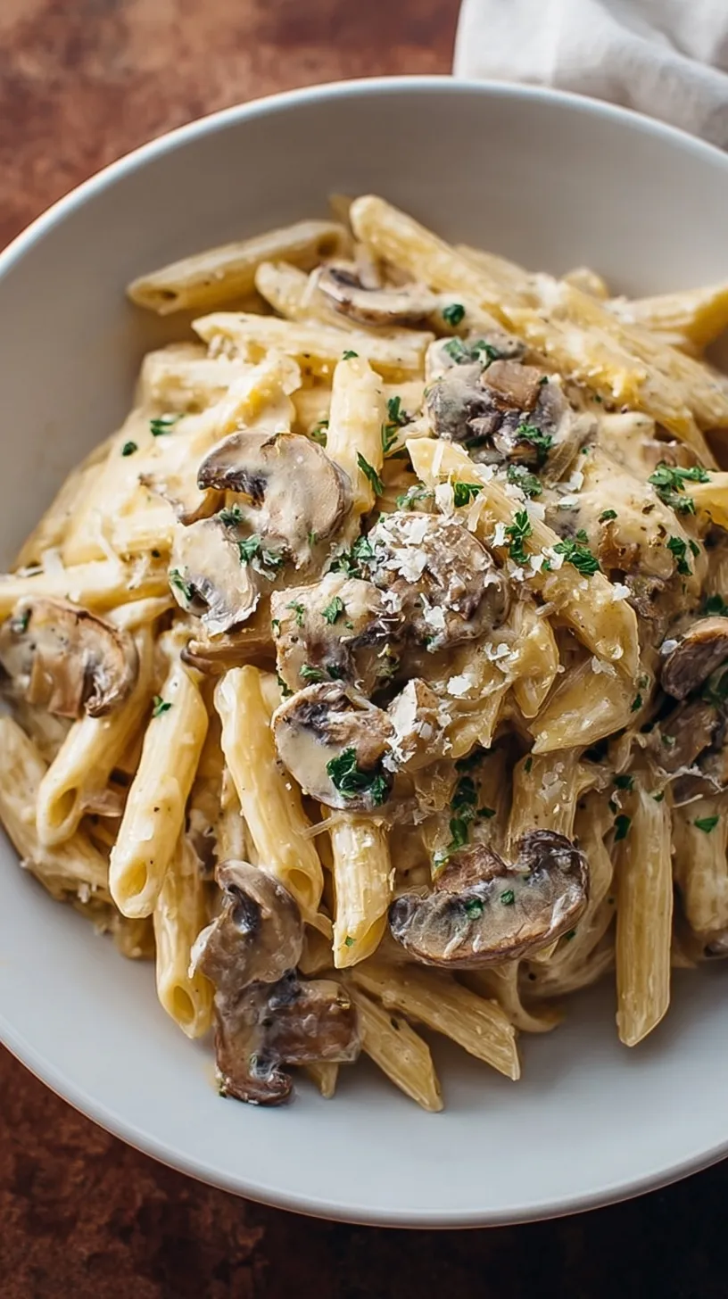 A bowl of creamy mushroom pasta topped with fresh parsley and parmesan cheese
