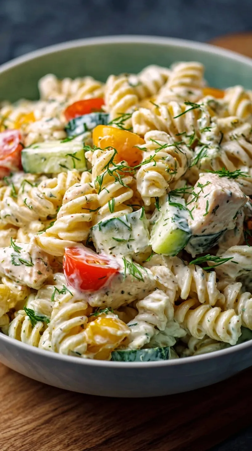A large bowl of creamy ranch protein pasta salad with cherry tomatoes, cucumber, and chicken.