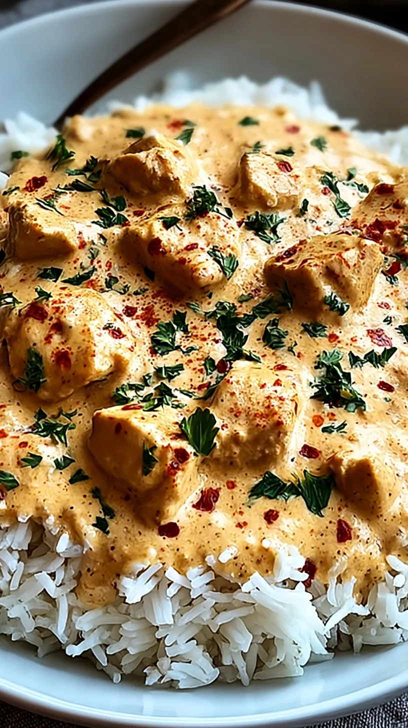 Golden seared chicken thighs smothered in a white cream sauce with onions and garlic served over white rice.