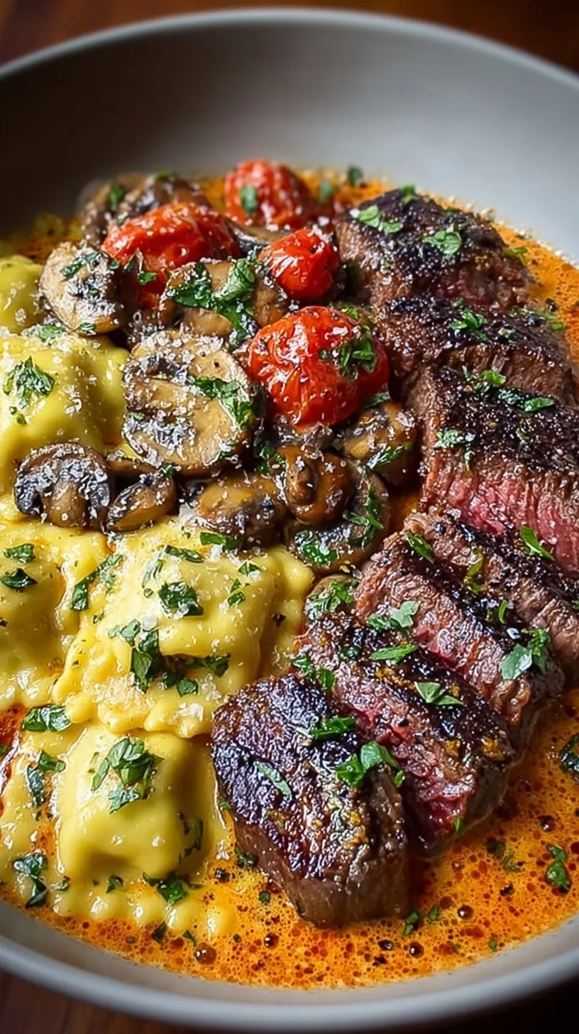 A plate of creamy tomato mushroom ravioli topped with sliced seared steak and fresh basil.