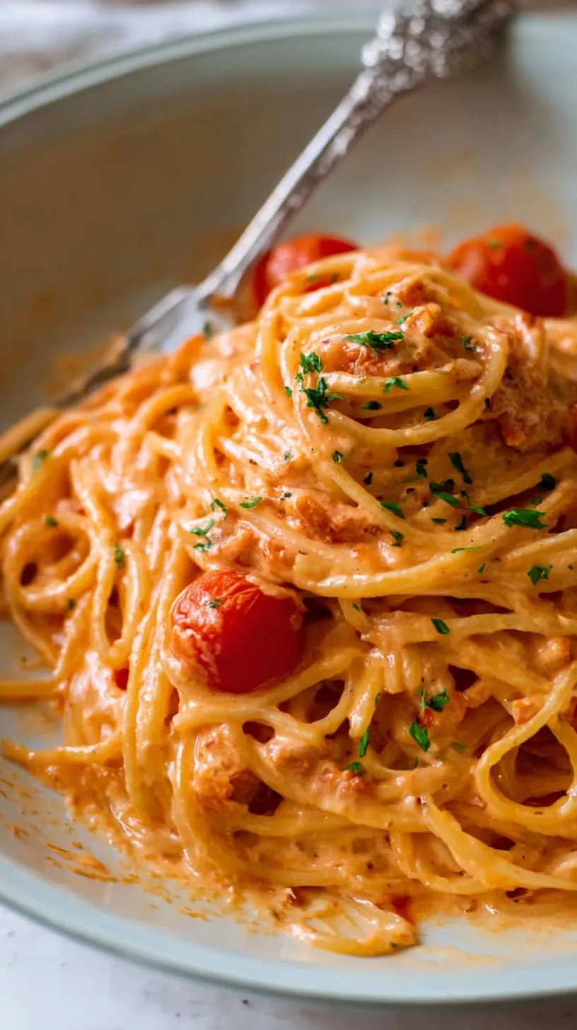 A bowl of penne pasta coated in a rich, orange-hued creamy tomato sauce topped with fresh basil.