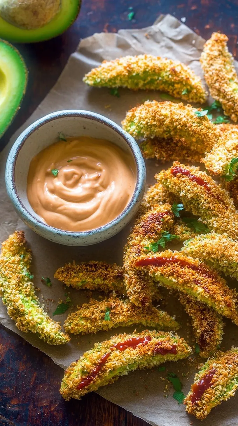 Golden brown baked avocado fries on a baking sheet with a small bowl of chipotle sauce.