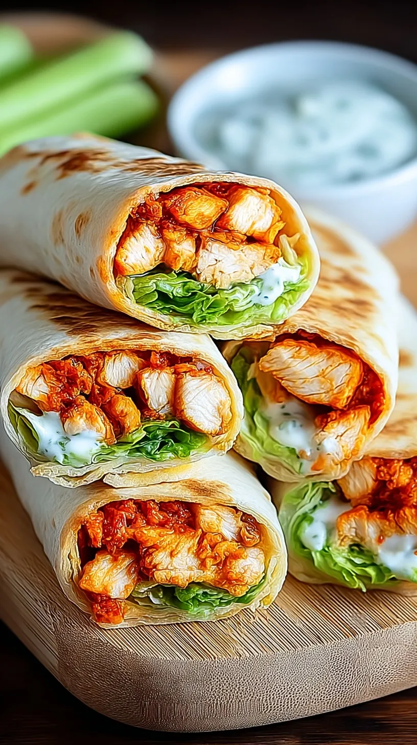 A plate of two crispy buffalo chicken wraps cut in half showing fresh lettuce, tomatoes, and ranch