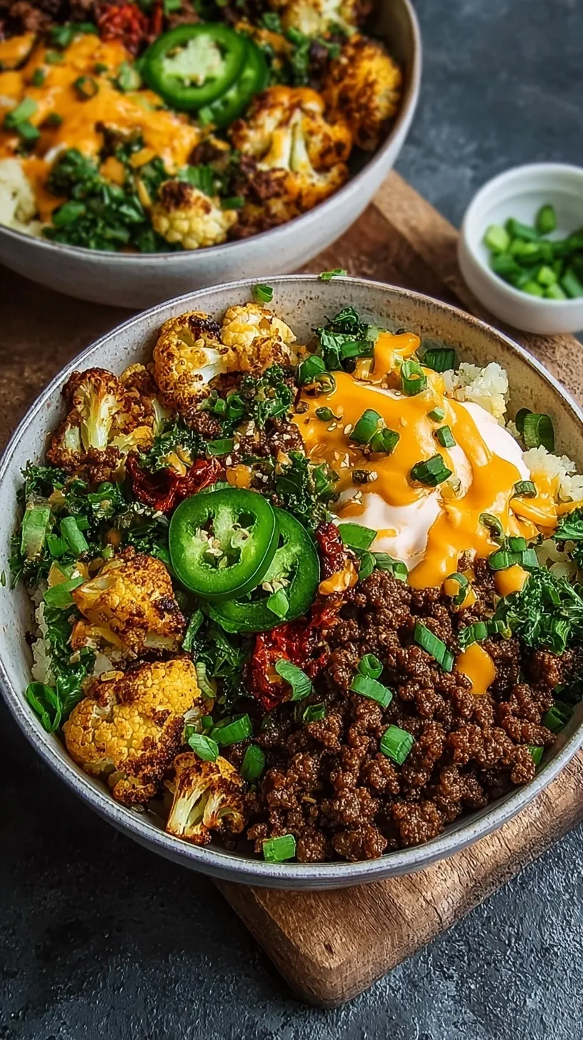 A colorful protein bowl with crispy spiced ground beef, roasted cauliflower rice, avocado, and red peppers.
