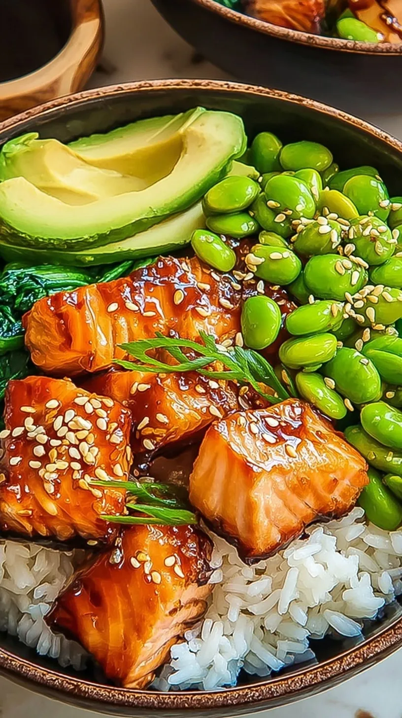 A vibrant Crispy Salmon Rice Bowl with seared salmon, avocado, and edamame.