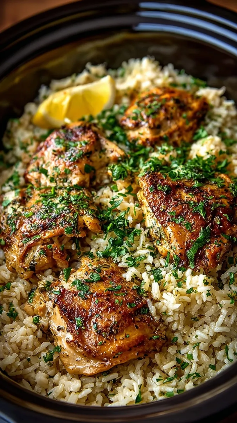 Slow cooker lemon chicken and rice garnished with fresh parsley in a bowl