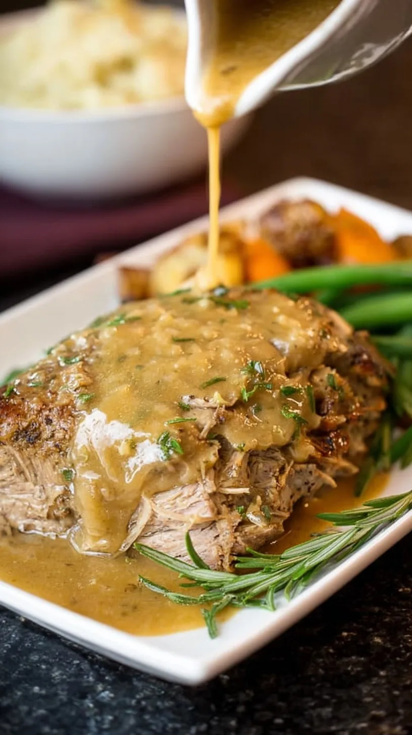 A platter of tender sliced pork roast topped with rich brown gravy and fresh herbs.