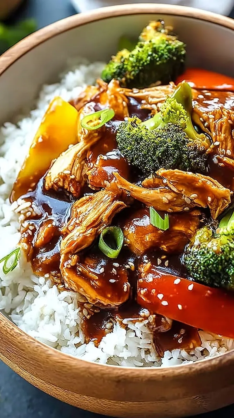 Tender shredded chicken in a glossy teriyaki glaze inside a slow cooker garnished with green onions and sesame seeds.