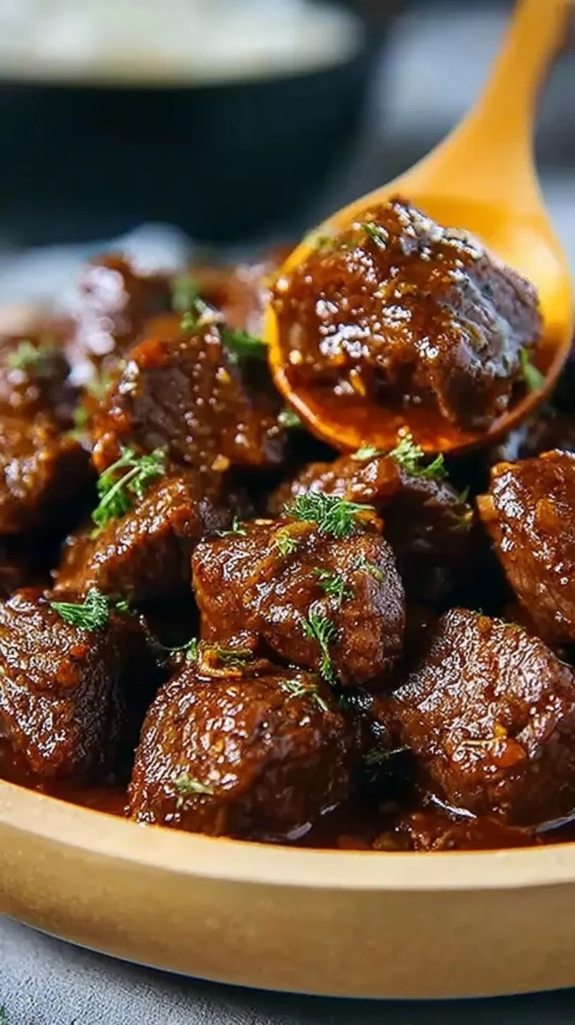 Slow cooker filled with tender beef steak bites in a rich brown gravy garnished with parsley