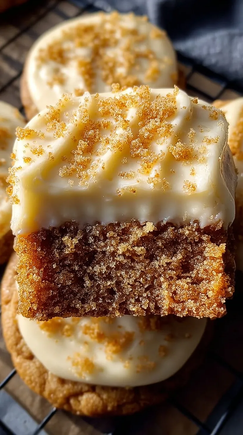 Large graham cracker cookies topped with a spiral of cream cheese frosting and crumbs.