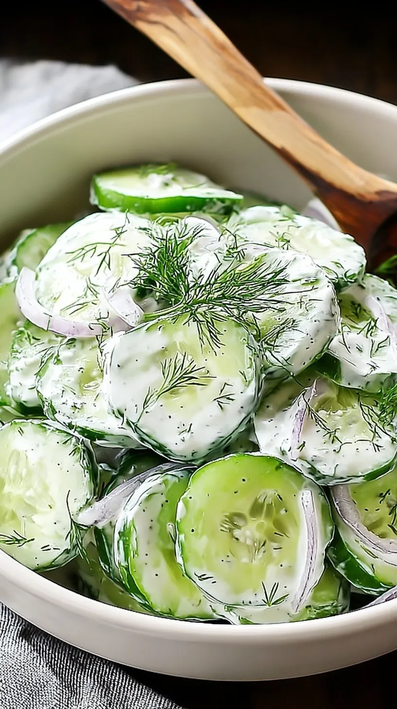 A bowl of thinly sliced cucumbers and red onions coated in a creamy white dill dressing.