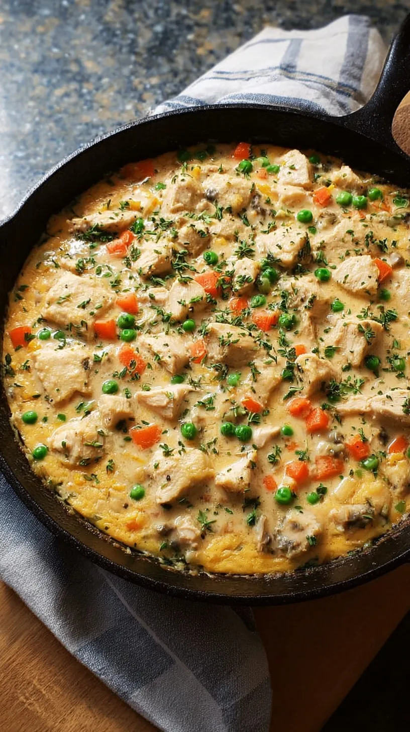 A steaming skillet of creamy chicken pot pie filling with bright orange carrots and green peas.