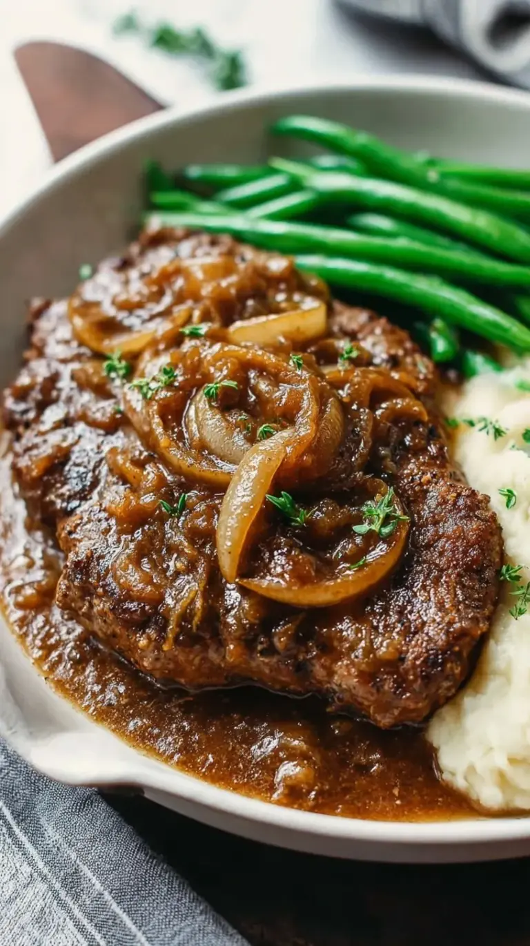 Pan-seared cube steak smothered in a rich brown onion gravy in a skillet