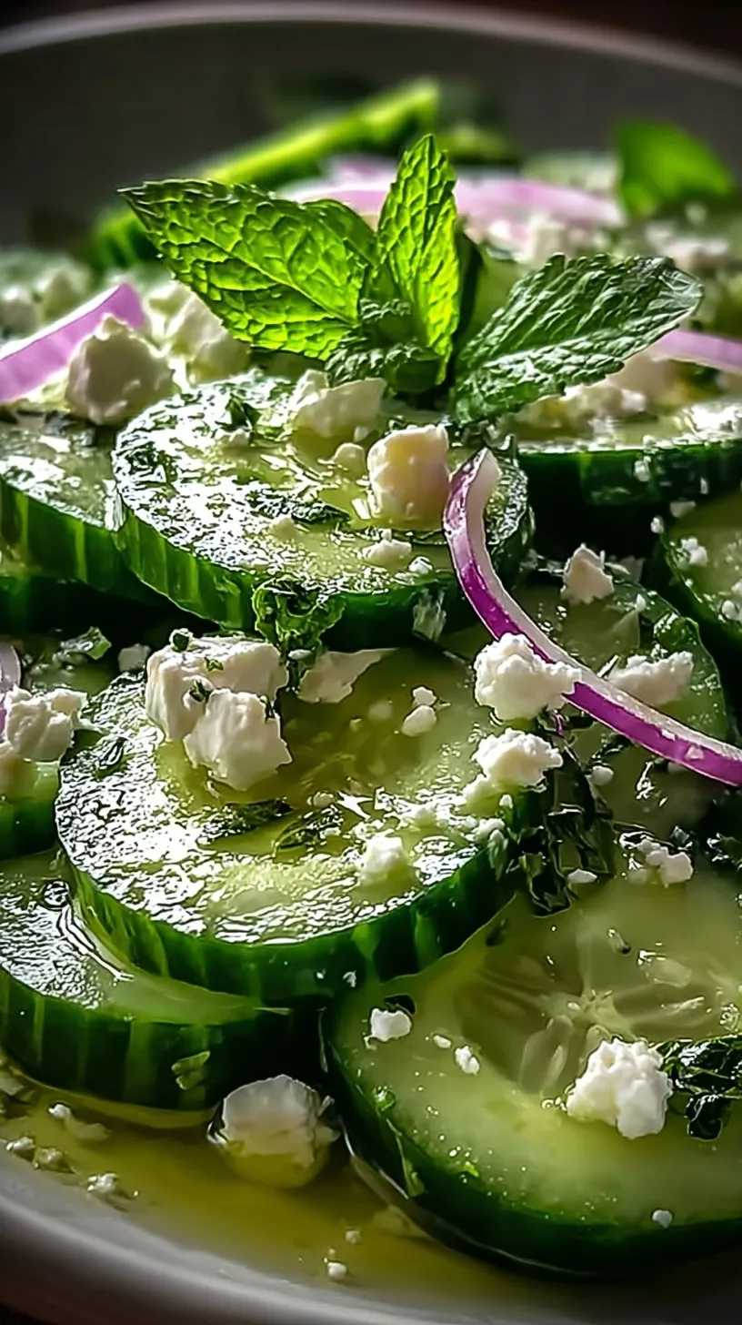 A bright glass bowl filled with sliced English cucumbers, red onions, and crumbled feta cheese with fresh dill