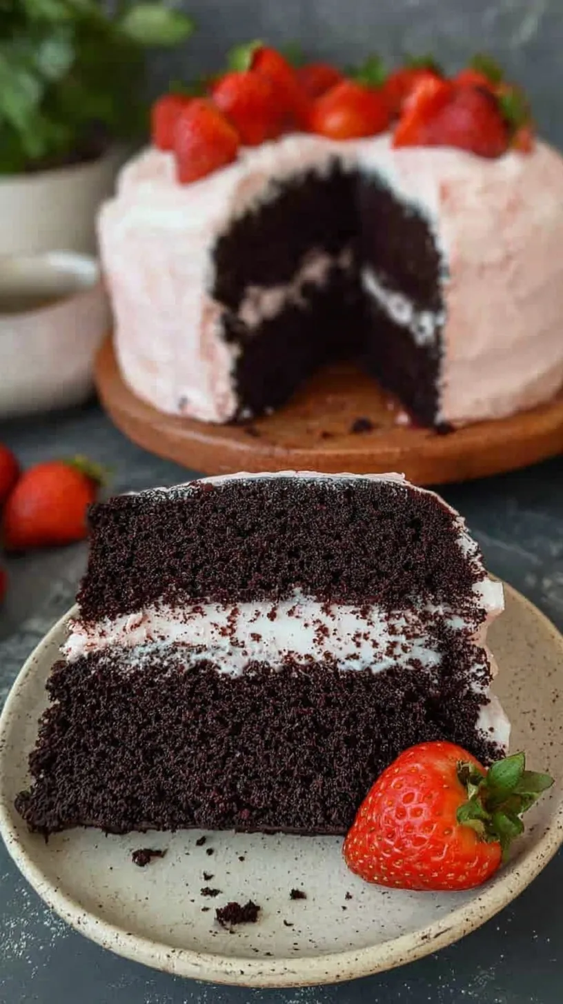 A golden gluten-free strawberry cake topped with a circular pattern of fresh sliced strawberries in a round pan.