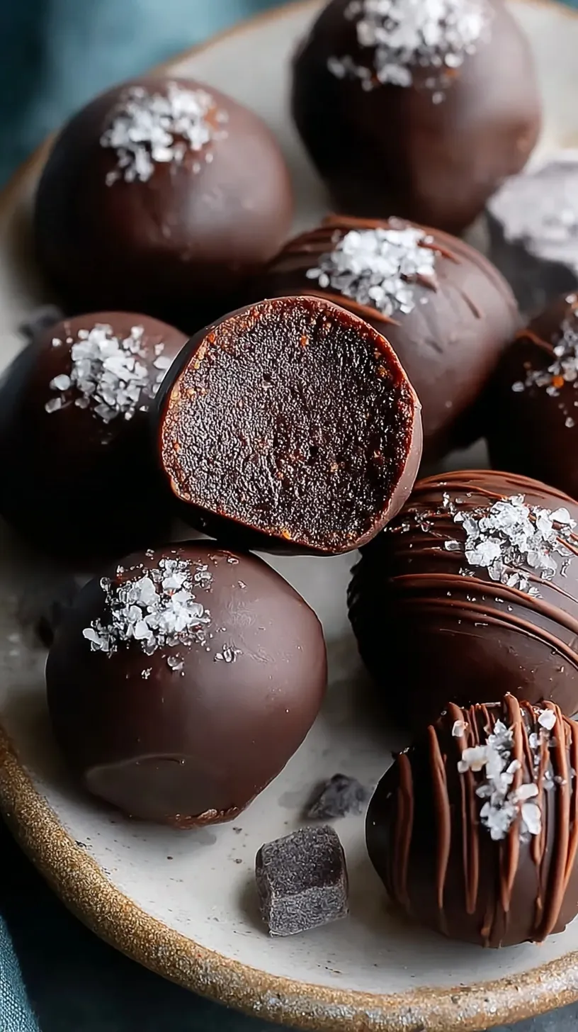 A plate of round dark chocolate protein balls with chocolate chips on a marble surface.