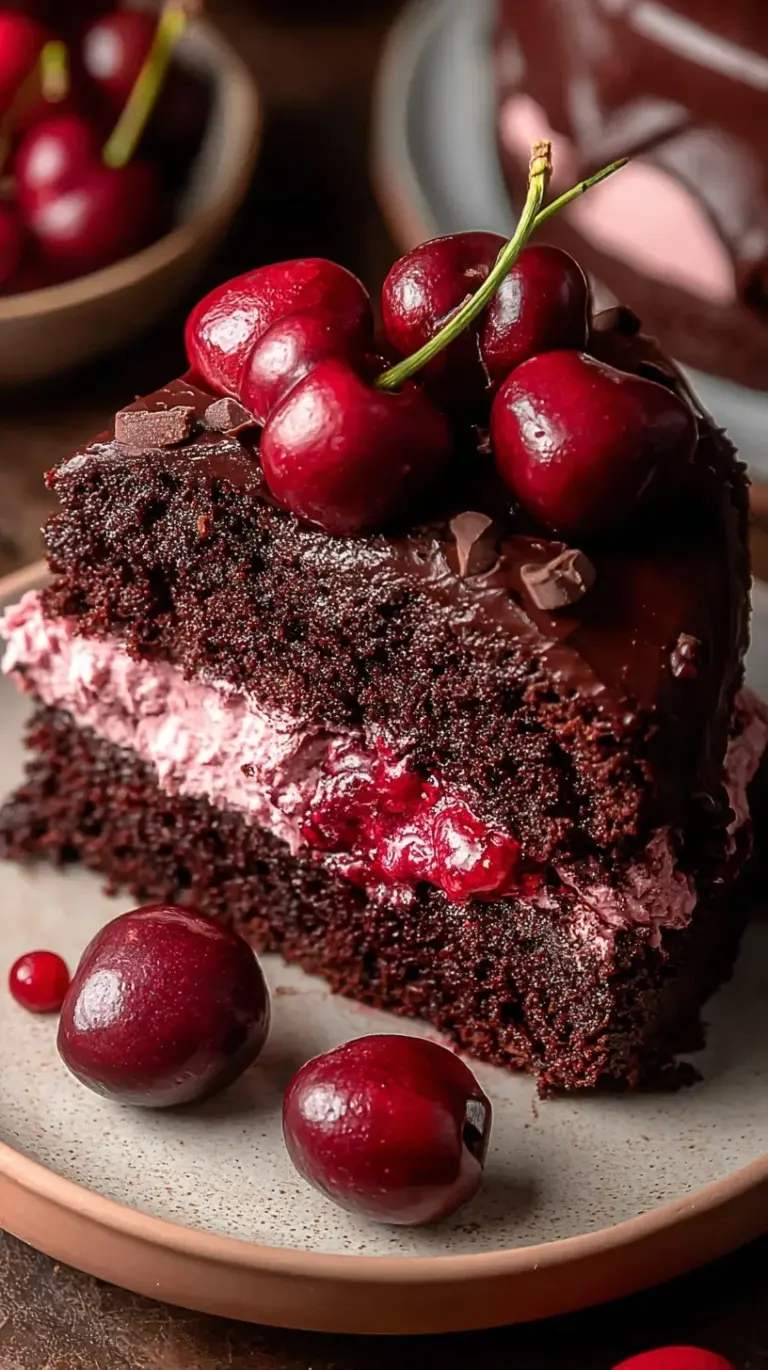 A moist slice of chocolate cherry cake on a white plate with a scoop of vanilla ice cream
