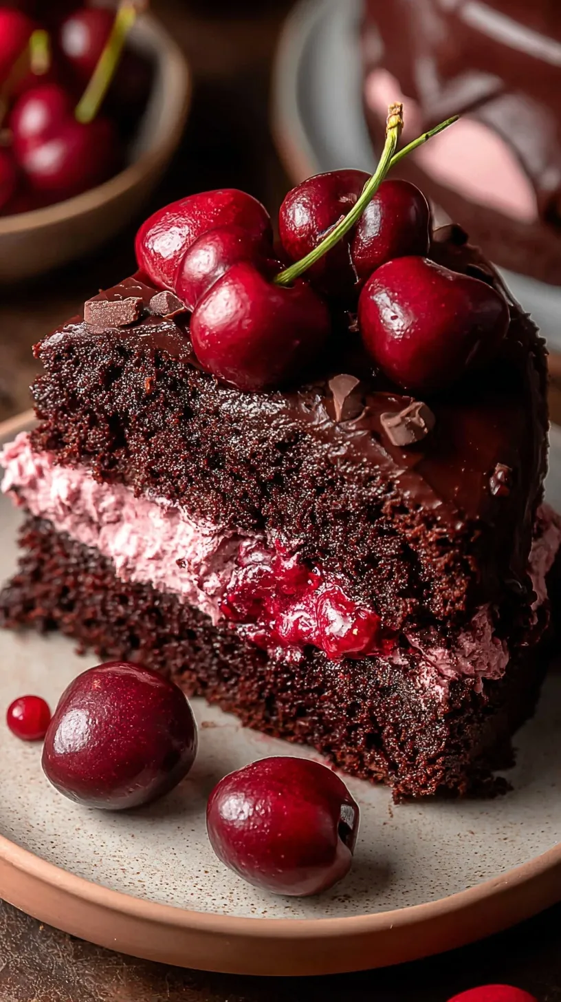 A moist slice of chocolate cherry cake on a white plate with a scoop of vanilla ice cream