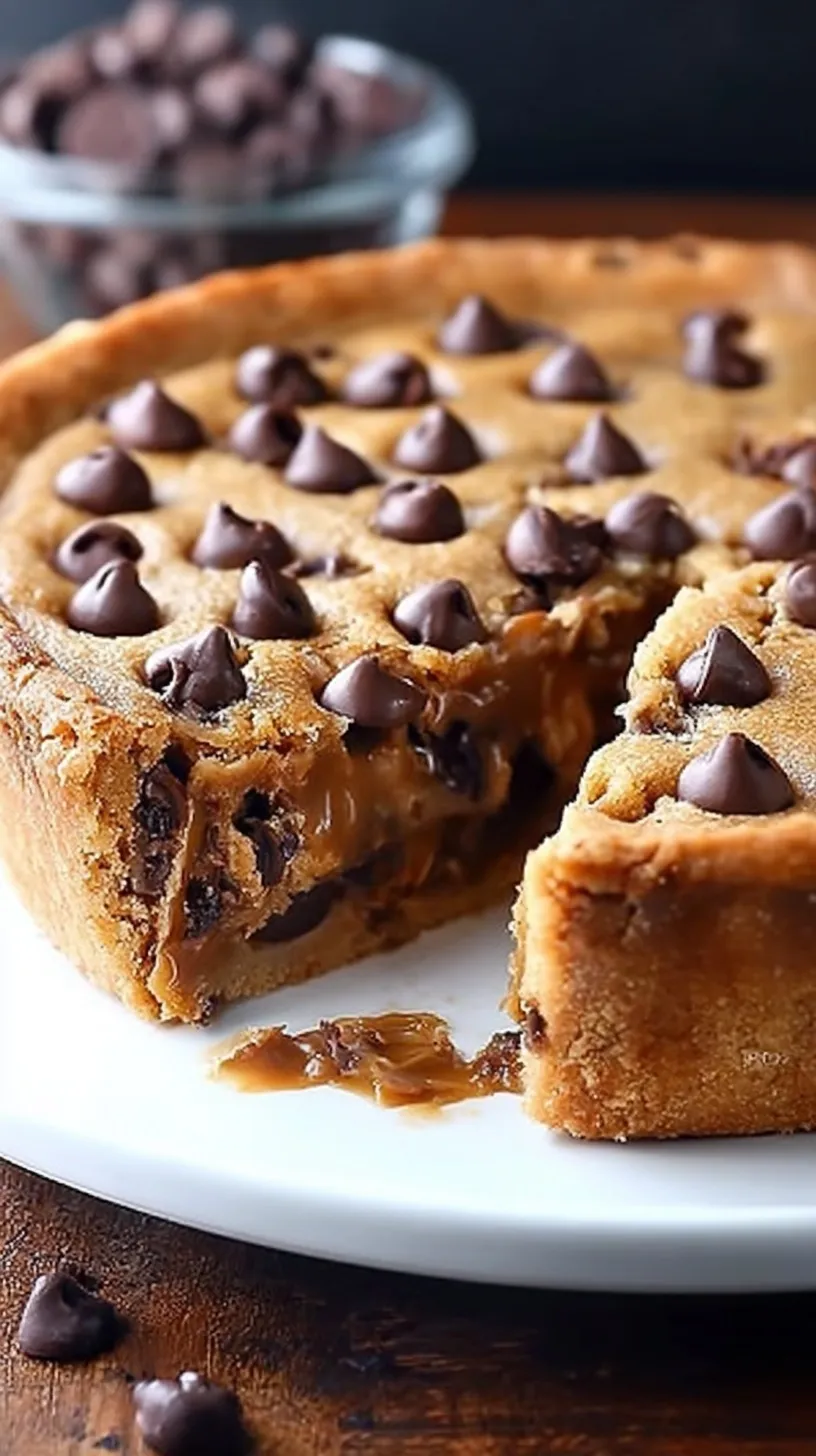 A golden brown deep dish cookie pie in a cast iron skillet with melting chocolate chips.